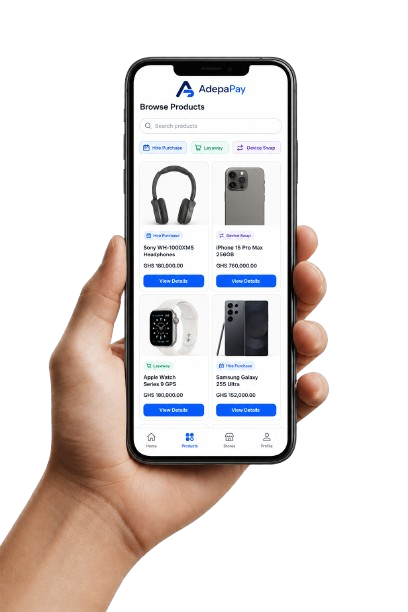 Hand holding a phone displaying the AdepaPay product marketplace